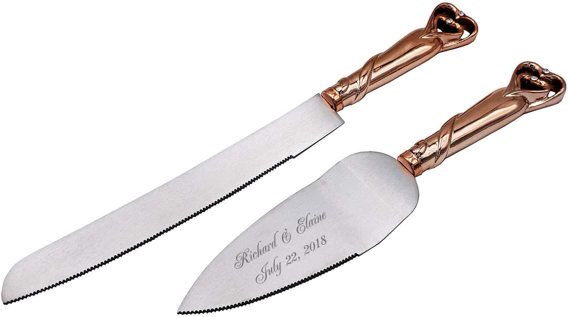 GIFTS INFINITY 12" Personalized Wedding Cake Knife and Server Set Free Engraving, Heart Shape Handle, Color (Rose Gold)
