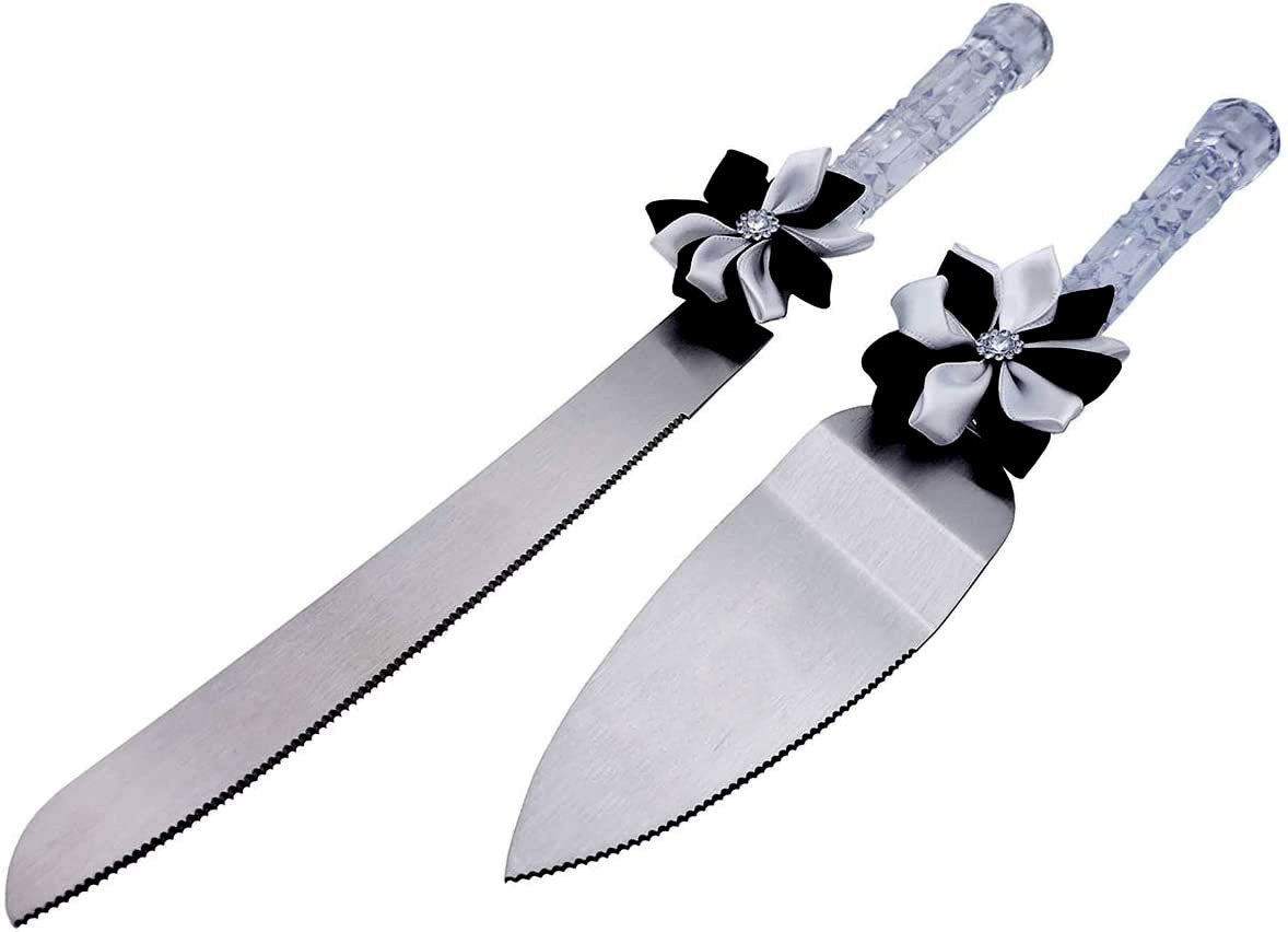 Cake Knife and Server Black & White Flower Bow