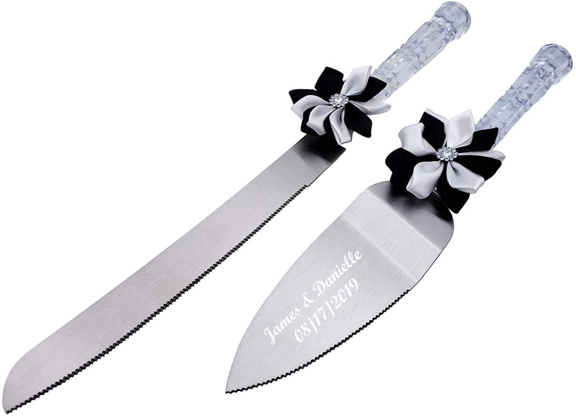 GIFTS INFINITY 12" Personalized Wedding Cake Knife and Server Set Free Engraving, Stylish Black & White Bow
