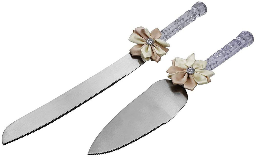 Cake Knife and Server Peach / Beige Flower Bow 1