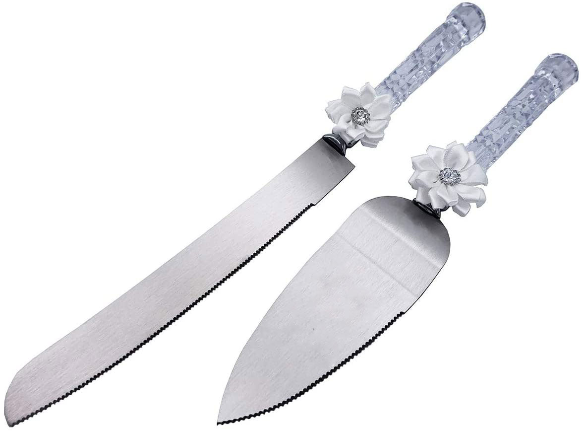 Cake Knife and Server White Flower Bow