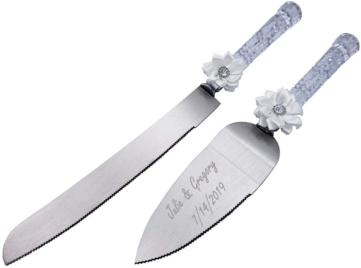GIFTS INFINITY 12" Personalized Stainless Steel Wedding Cake Knife and Server Set with Transparent Handle