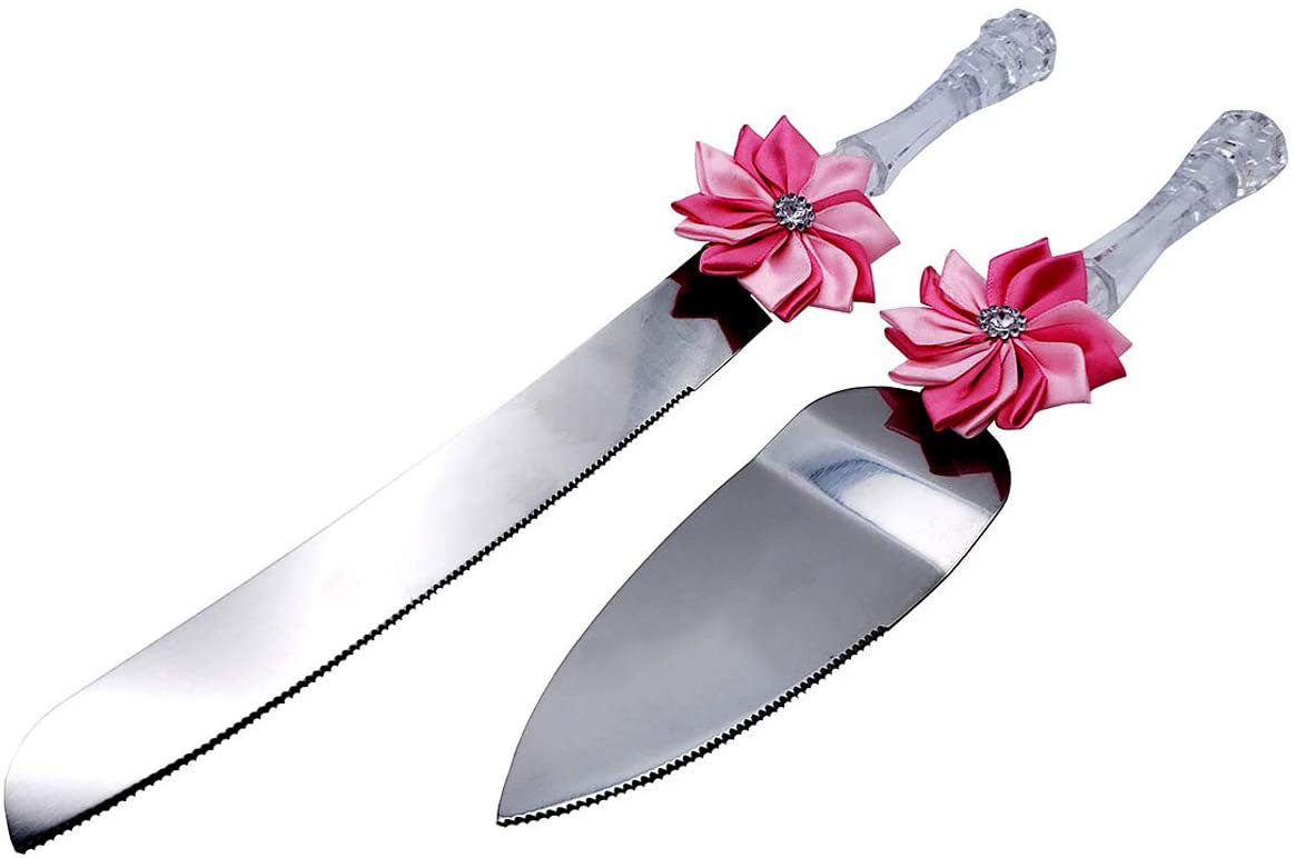 Cake Knife and Server Two Tone Pink Flower Bow