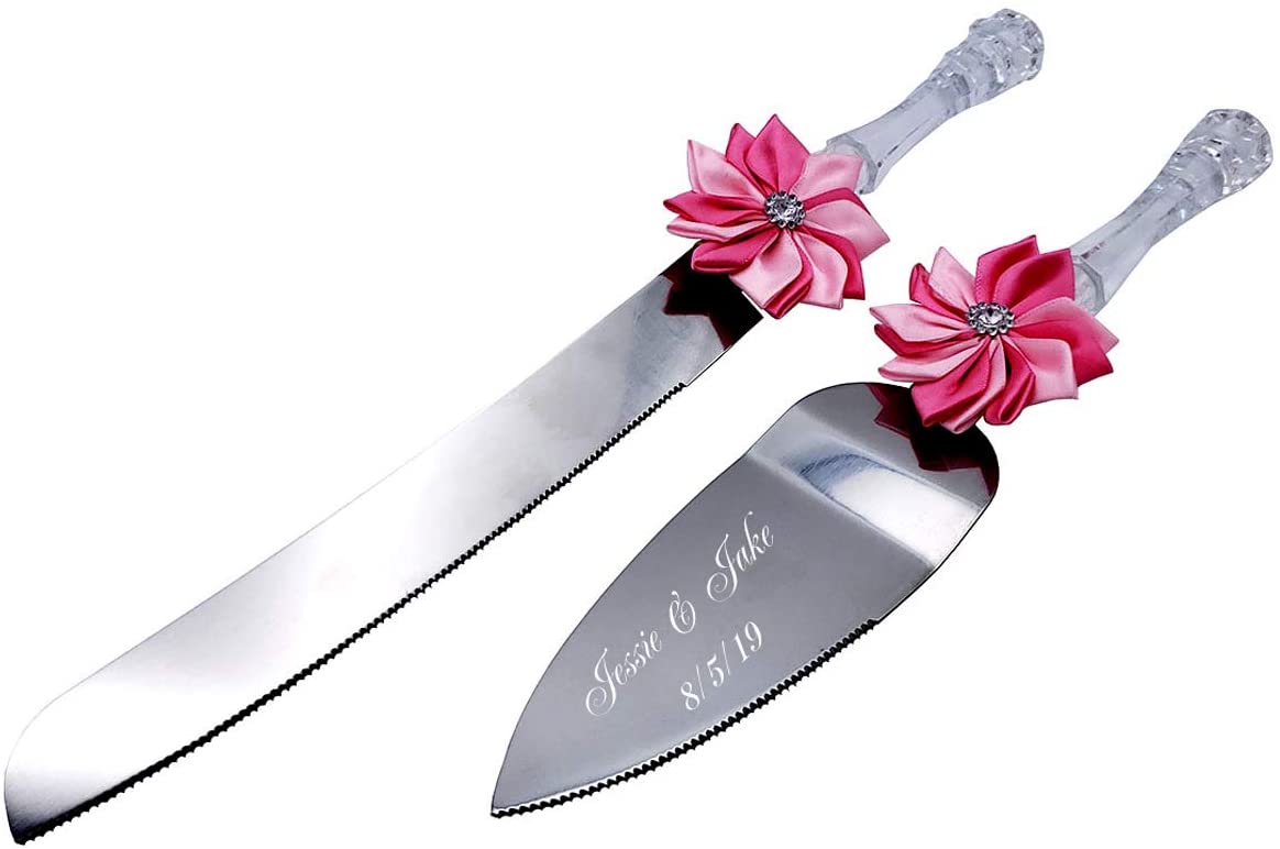 GIFTS INFINITY 12" Personalized Wedding Cake Knife and Server Set Free Engraving (Peach) Transparent handle
