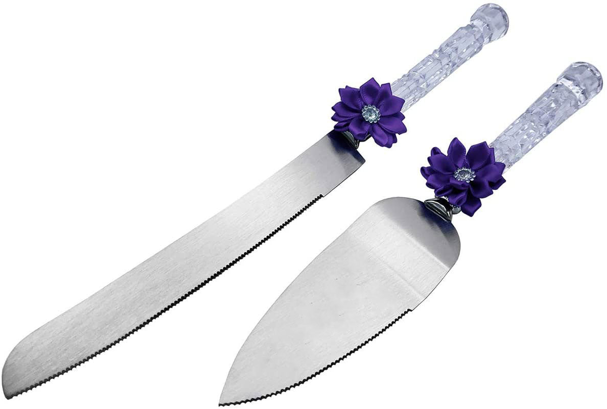 Cake Knife and Server Purple Flower Heart