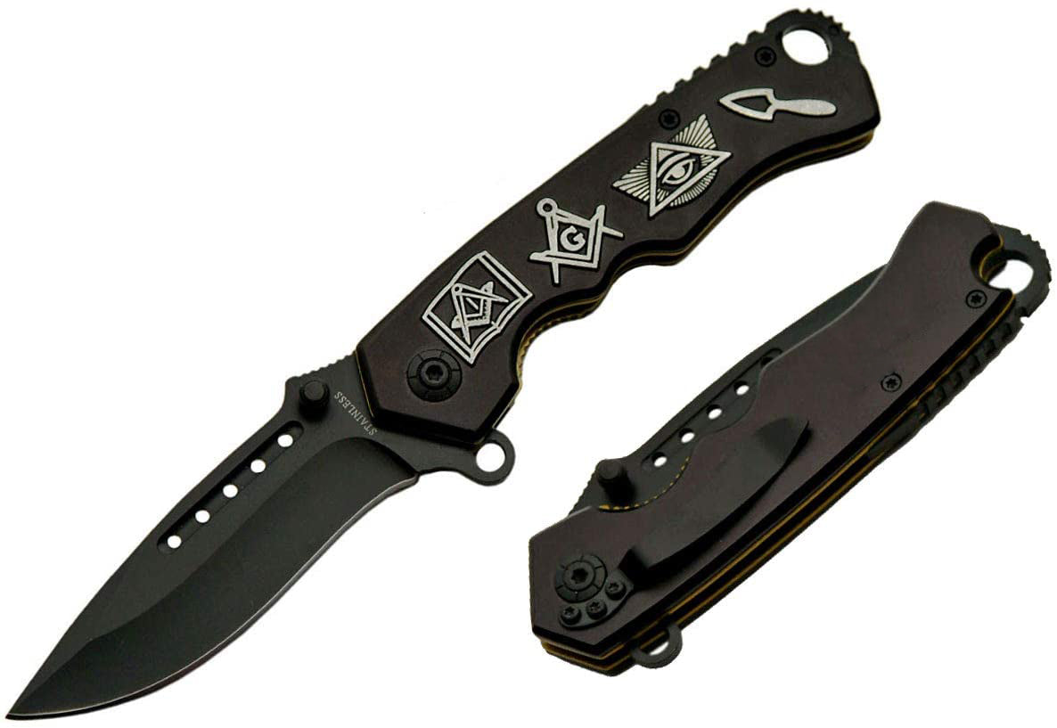 GIFTS INFINITY Customized Engraved 8" Pocket Folding Knife, 4.5" Black Handle With Silver Lining & Mason symbols