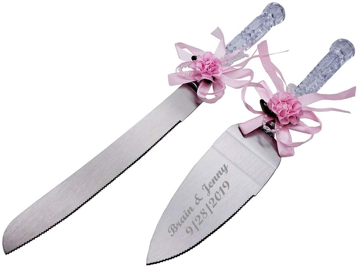 GIFTS INFINITY 12" Personalized Wedding Cake Knife and Server Set Free Engraving with Stylish Pink Bow