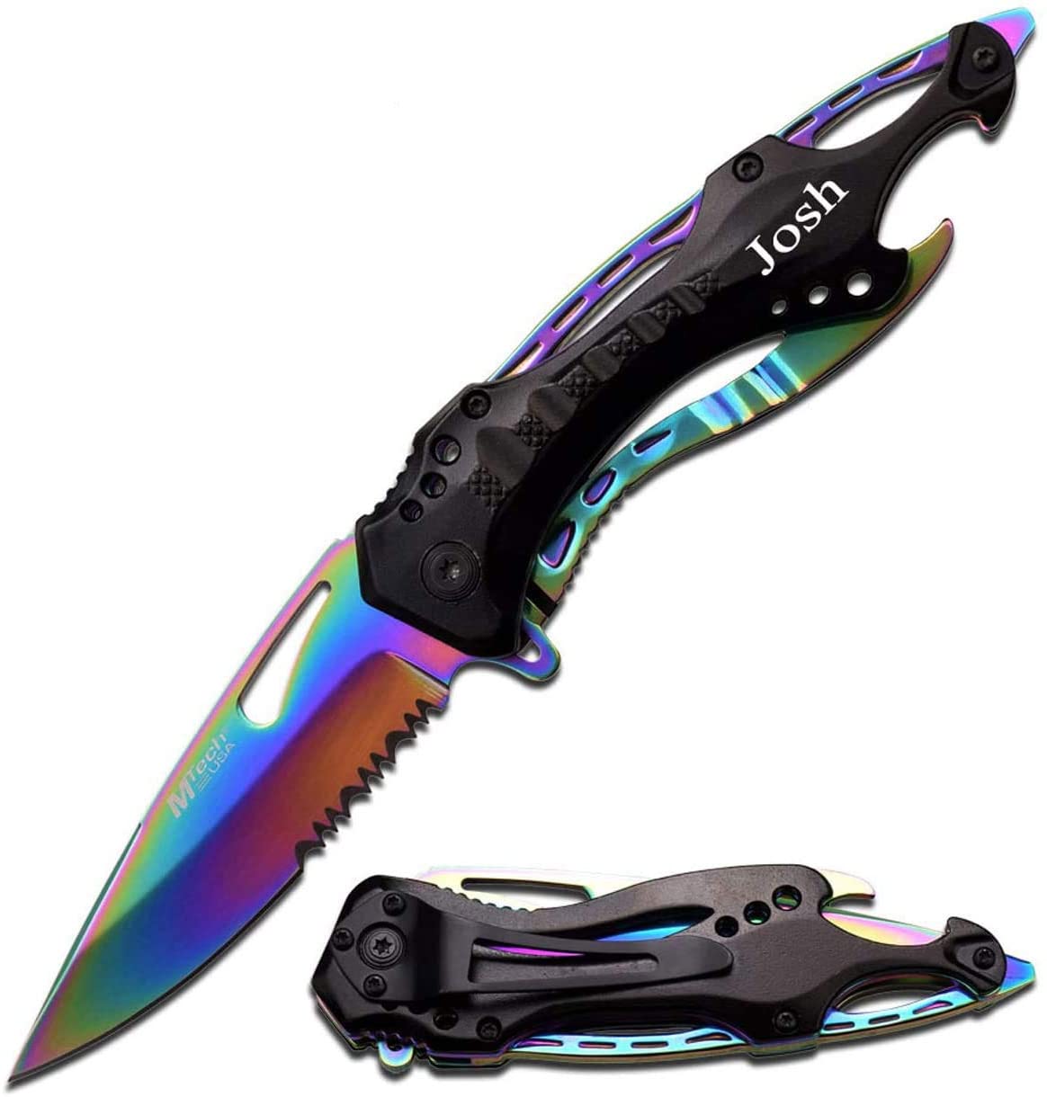GIFTS INFINITY 4.5" Closed Spring Assist Pocket Folding Knife, Sharp Rainbow Coated Blade, Black Aluminum Handle