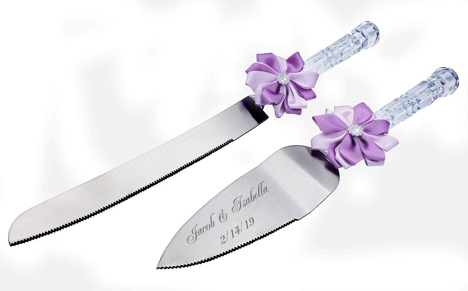 12 Personalized Wedding Cake Knife and 10 Server Set Free Engraving  Purple Bow