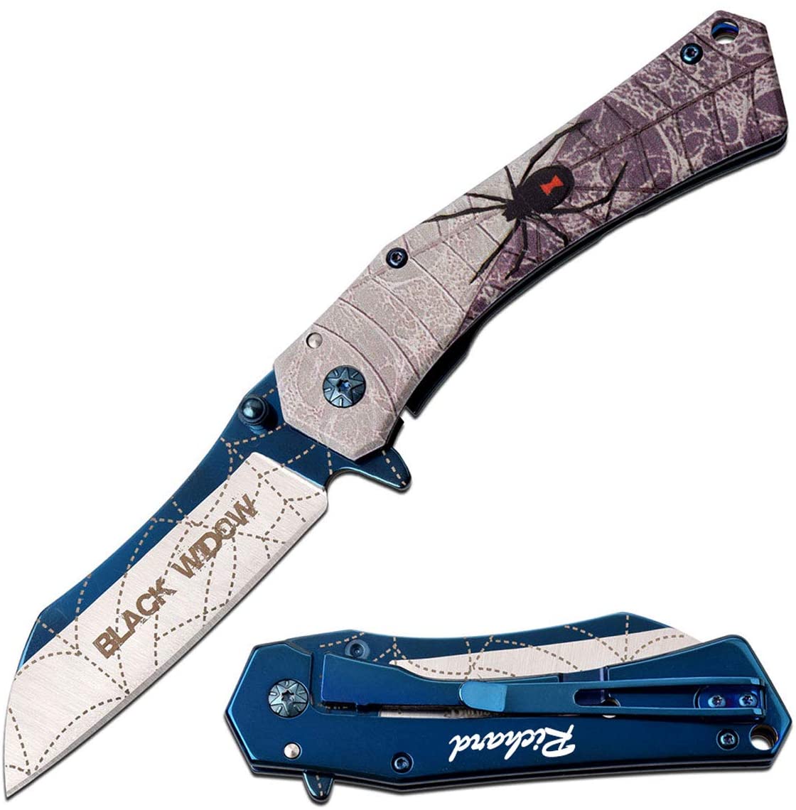 GIFTS INFINITY 7.75" Overall Black Widow Spider 3D Handle, Folding Knife Survival Knife, Blue Titanium Blade