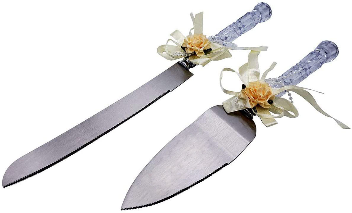Cake Knife and Server Beige Ribbon Flower