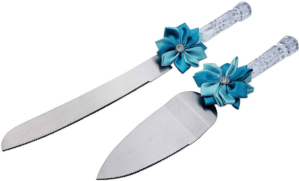 Cake Knife and Server Blue Flower Bow