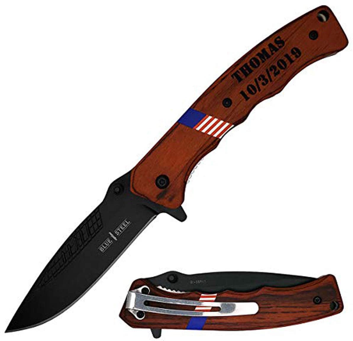 GIFTS INFINITY 8" Folding Pocket Knife Flipper Liner Lock Knife, Black Stonewashed Blade with Wood Handles