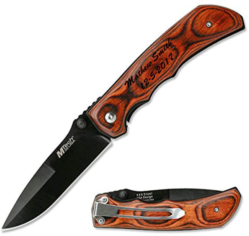GIFTS INFINITY Personalized Laser Engraved 4.5" Closed Folding Knife, Black Stainless Steel Blade With Brown Wooden Handle