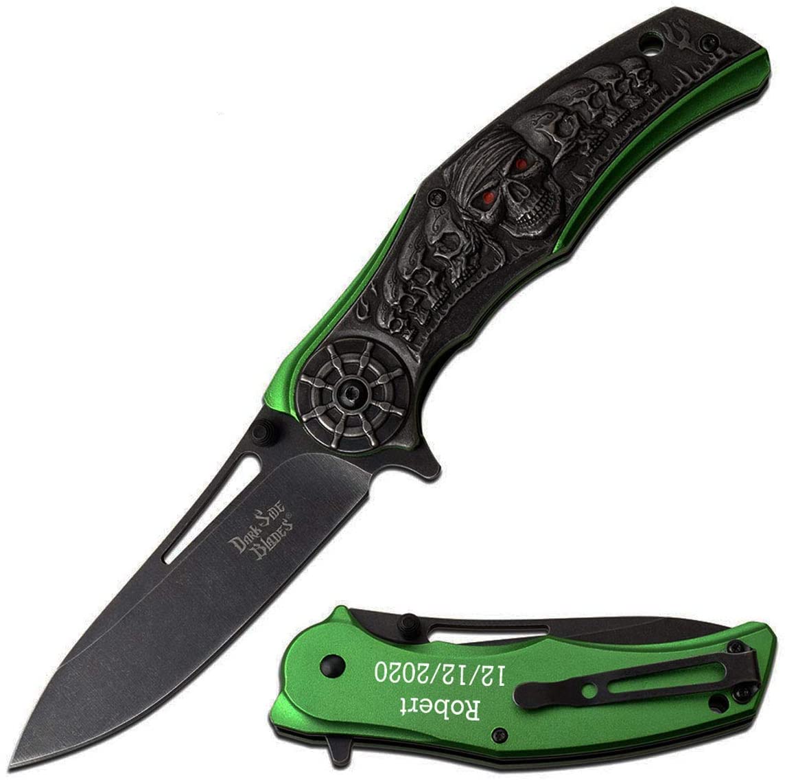 Gifts Infinity Skull Personalized Laser Engraved Assisted Opening 8.9" Pocket Knife, Fathers Day, Groomsmen Gift (Green)