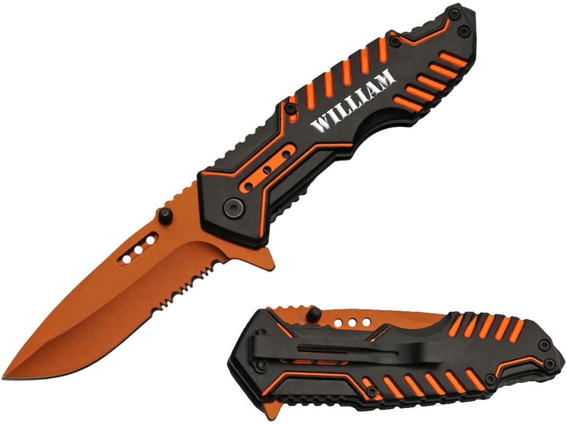 GIFTS INFINITY Laser Engraved 5" Orange Cyber Folder Metal Pocket Knife, Stainless Steel Black and Orange Handle