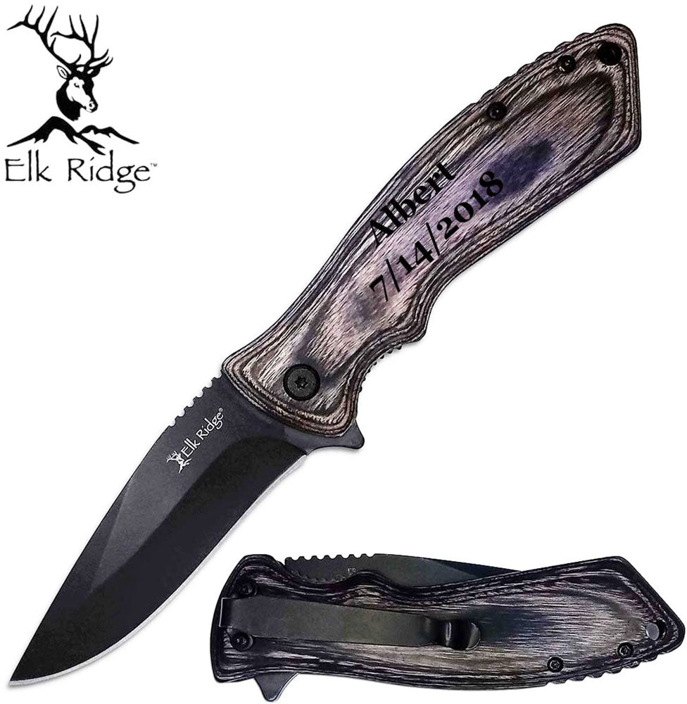 GIFTS INFINITY Personalized Laser Engraved Pocket Knife, Gray Pakkawood Handle Open Assisted Knife 4.5" Closed
