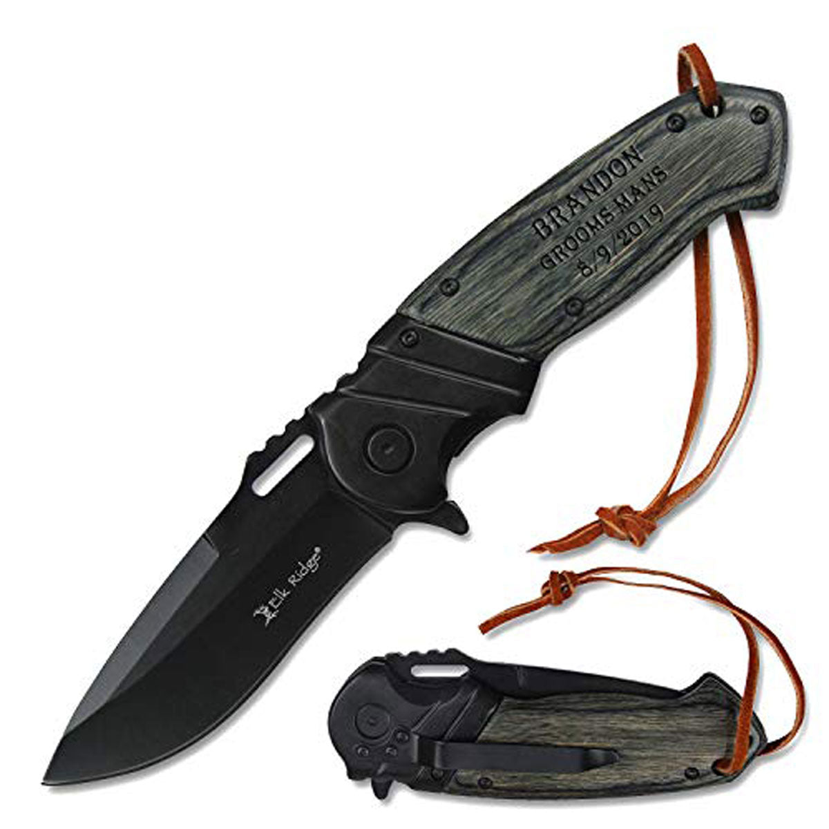 GIFTS INFINITY Personalized Laser Engraved 4.75" Folding Knife, Black wood Handle with Pocket Clip, Best Gifts for Dad