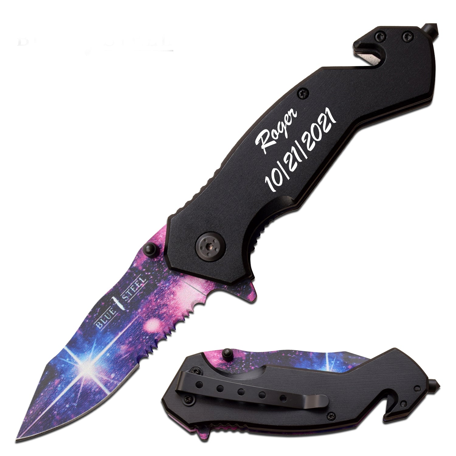 GIFTS INFINITY Customizable 7.25" Pocket Knife Car Window Breaker and Seat Belt Cutter with Belt Clip, Rescue Knife
