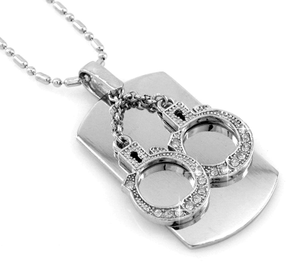 Hand Cuffs Silver Tone Dog Tag Necklace