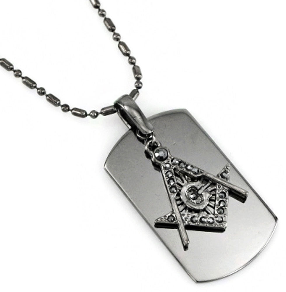 Dog Tag Square & Compass Black Ice with Rhinestones Masonic Necklace