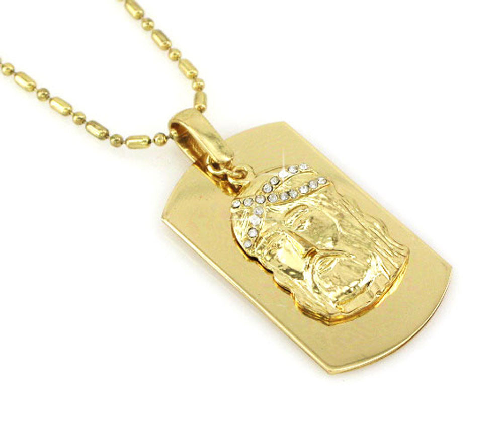 Jesus Face Gold Tone Dog Tag Necklace