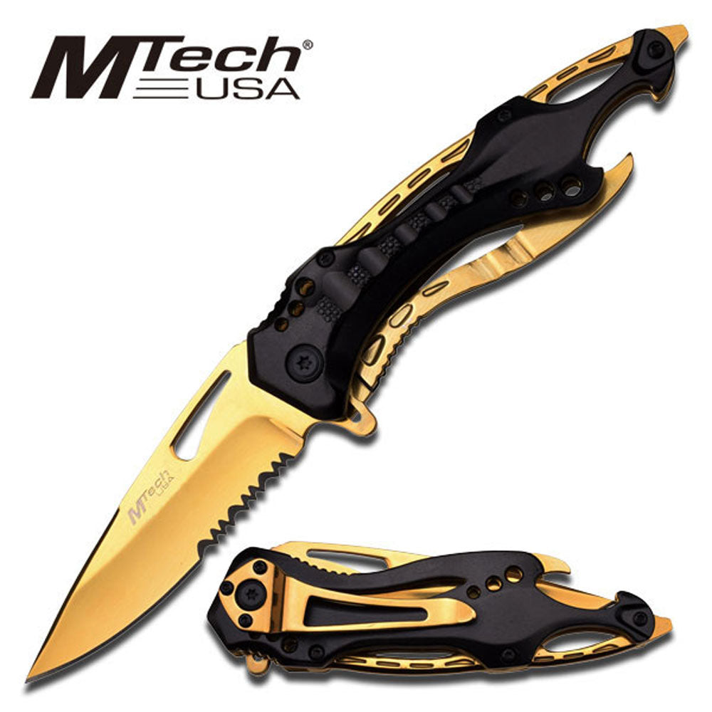GIFTS INFINITY 4.5" Closed Spring Assist Pocket Folding Knife, Sharp Gold Coated Blade, Black and Gold Aluminum Handle
