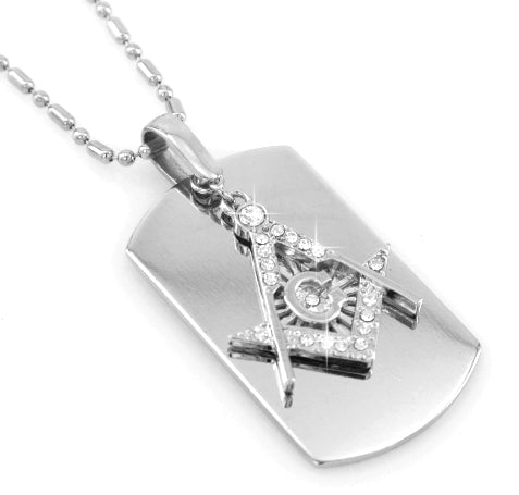 Dog Tag Square & Compass Roduin with Rhinestones Masonic Necklace