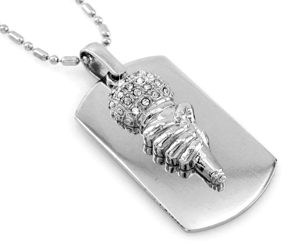 Mic With Hand Silver Tone Dog Tag Necklace