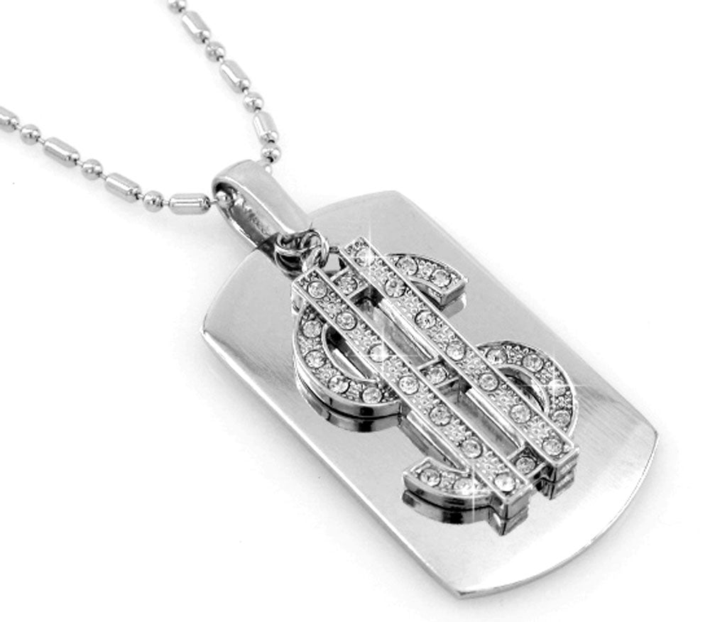Dollar Sign Silver Tone Dog Tag Necklace