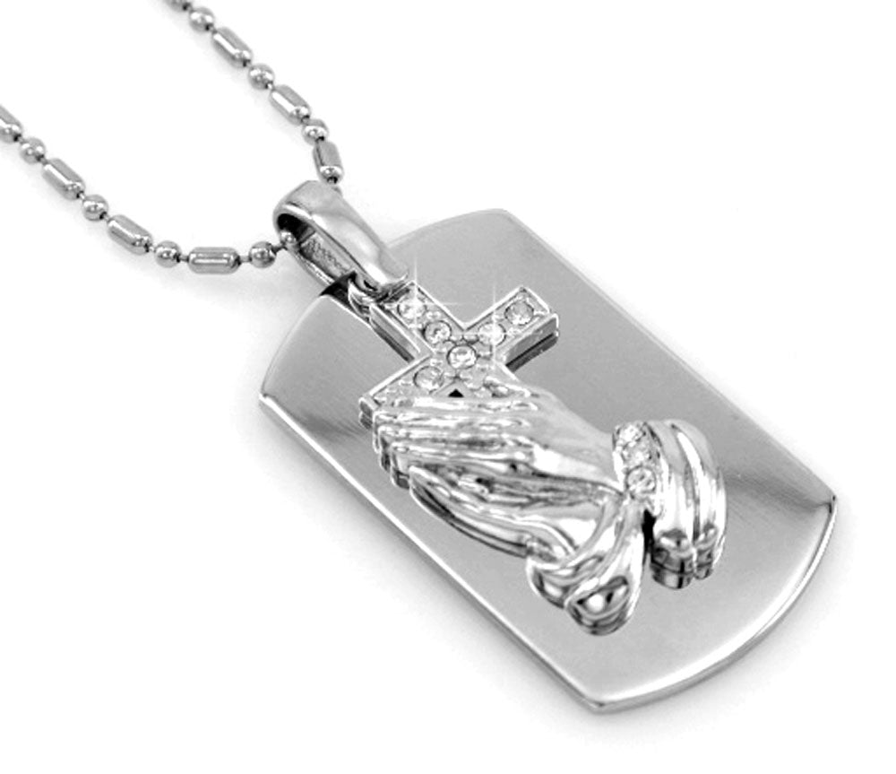 Praying Hands with Cross Silver Tone Dog Tag Necklace