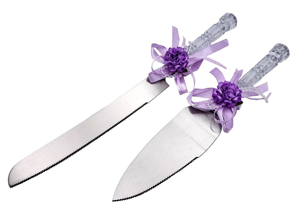 Cake Knife and Server Purple Ribbon Flower Heart