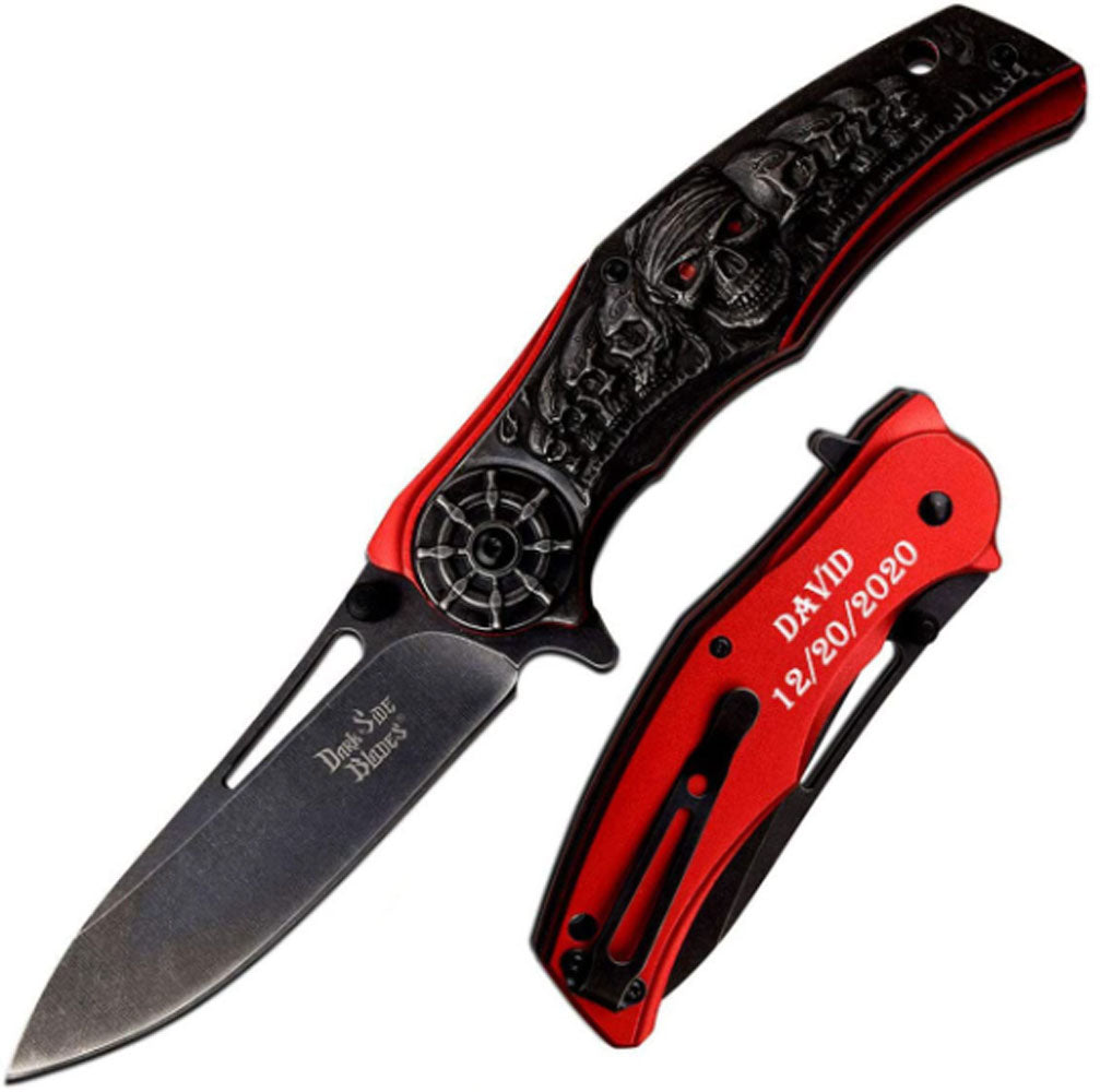 Gifts Infinity Skull Personalized Laser Engraved 8.9" Assisted Opening Pocket Knife, Fathers Day, Groomsmen Gift (Red)